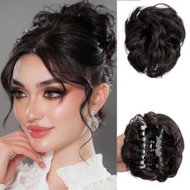 Claw Clip Messy Bun Hair Piece Tousled Updo Hair Buns Extension Elastic Hair Band Curly Hair Bun Scrunchie For Women (Natural Black)