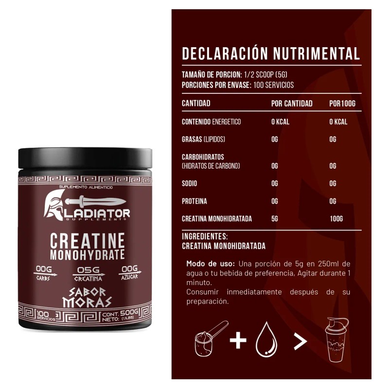 Creatina Monohidratada 500g Gladiator En Polvo Sabores Moras
