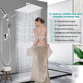 10'' Rain High Pressure Shower Head with 5 Settings Handheld Showerhead Combo, Dual Shower Head with 11'' Extension Arm and 78'' Long Hose, Chrome Square Shower Head, Save Water BELLEARLY