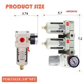 RIH Pneumatics DFR-03 3/8'' NPT Compressed Air Double Filter & Regulator, Air Drying System, Air Compressor Water Separator, Semi -Auto Drain, Poly Bowl,0-150 psi Gauge, 5 Micron Brass Element