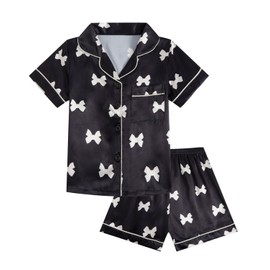 JiAmy Girls Short Sleeve Pajamas Summer Kids Satin Pajamas 2 Pieces Button Down Teens Sleepwear Bow Print Sleepwear Age 8-12 Years, black