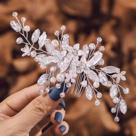 IYOU Bridal Wedding Hair Comb Sliver Sparkly Rhinestones Side Combs Shiny Crystal Flower Hair Piece Bride Pearl Leaf Hair Accessories for Women and Girls