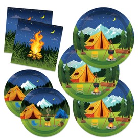 CC HOME Camping Birthday Paper Plates Napkins Tent Bonfire Disposable Tableware Set Party Supplies Camp Picnic Outdoor Theme Dinnerware Serves 24 Guests for Audlts Kids Baby Shower Birthday 88PCS