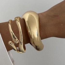 RIJXU 3PCS Chunky Gold Bangles Bracelets for Women Stack Adjustable Open Punk Golden Cuff Bracelets for Women Wave Cross Bangle Jewelry (Gold Wave 3Pcs)