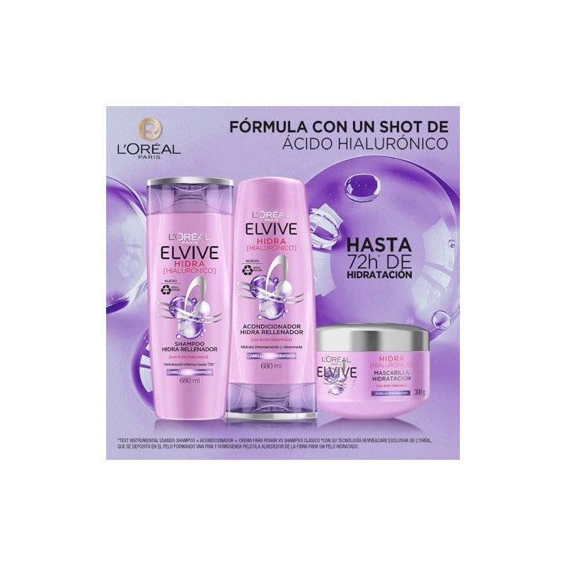LOreal Paris Elvive Hidra Hialuronico Rutina de 3 Pasos, Shampoo