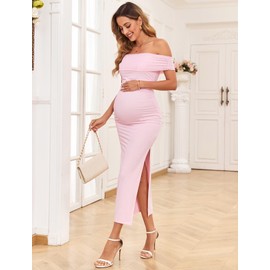 AISWI Maternity Mesh Split Dress Off The Shoulder Ruched Bodycon Pregnancy Dresses Baby Shower Photoshoot, Without Belt, Light Pink, XX-Large