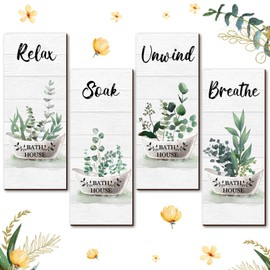 Tatuo 4 Pieces Green Bathroom Wall Decor Relax Soak Unwind Breathe Farmhouse Bathroom Wall Sign Botanical Green Bathroom Wooden Hanging Wall Art Decor for Farmhouse Home Bathroom