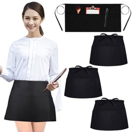 DECARETA Short Apron,4 Pcs Waiter Half Apron Kitchen Aprons with 3 Pockets,Black Waitress Apron for Men Women at Cafe,Bakery,Restaurant,Bar,Kitchen(60x30cm)