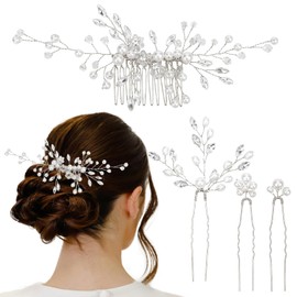 Wedding Hair Accessories - 4 Pieces Bridal Hair Comb and U Shaped Hair Pins with Crystal Beads for Women and Girls, Silver