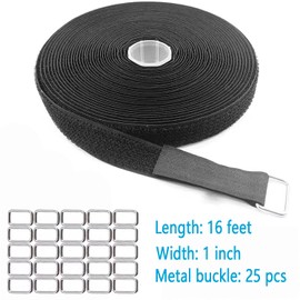 16Ft x 1In Adjustable Cable Straps with 25 Metal Buckles, Black Reusable Fastening Cable Ties, Wire Management, Free Cut Length, Hook and Loop Securing Strap for Cable Tidy (16Ft x 1In)