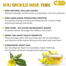 FreshDrinkUS, Premium 15 Mullein Leaf Tea Bags For Lung, 100% Natural & Pure from Mullein Leaves. Loose Leaf Mullein Herbal Tea. Made with Natural Material Tea Bags. No Sugar, No Caffeine, No Gluten, Vegan.