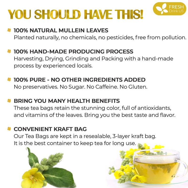 FreshDrinkUS, Premium 15 Mullein Leaf Tea Bags For Lung, 100%