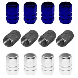 Set of 12 Mixed Color Set of 4 Tire Valve Stem Cap Aluminium Construction with Gasket Car Tire Caps for Cars Trucks Bikes Motorcycles Tractors 53783 (Dark Blue - Gray - Silver)