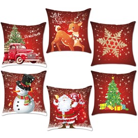 AMLOOPH Christmas Cushion Covers Set Of 6, Red Christmas Design Sofa Cushion Covers 50 X 50 cm Soft Plush Square Christmas Throw Pillow Covers Cases For Xmas Decorations Indoor