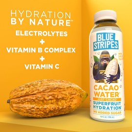 Blue Stripes Cacao Water - Cold Pressed Superfruit Hydration with Electrolytes & Antioxidants, No Sugar Added, All Natural, Great for Protein Shakes & Smoothies - Just Cacao, 24 Pack
