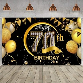 Costume Bay Black Gold Happy Birthday Backdrop Banner 180 * 110 cm Large Background Cloth Photo Party Large Decoration Sign for Birthday Party (Black - 70th, ONE)