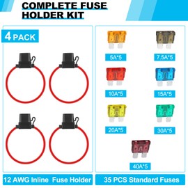 Cooclensportey 4 Pack 12AWG Inline Fuse Holder, Waterproof Fuse Holder with 35 PCS Standard Fuses (5 of Each: 5A, 7.5A, 10A, 15A, 20A, 30A, 40A), Upgraded In Line Fuses Holders 12v for Marine Auto