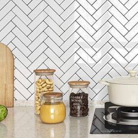 Livelynine 16pcs White Herringbone Backsplash Tile Peel and Stick Subway Tile Sticky Back Splash for Kitchen Walls 12x12 Bathroom Wall Tiles Waterproof White Back Splashes Self Adhesive Fireplace