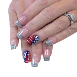 Independence Day Press on Nails 4th of July Fake Nails Red Lines Blue Stars Design Silver Glitter Glue on Nails Short Square Silver French Tip False Nails July 4th Nude Pink Nails Press ons 24Pcs