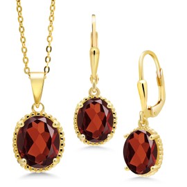 Gem Stone King 18K Yellow Gold Plated Silver Oval Red Garnet Pendant and Earrings Jewelry Set For Women (7.20 Cttw, Gemstone Birthstone, with 18 Inch Chain)