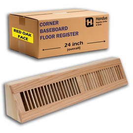 Fits 24" Baseboard Space | Wooden Corner Baseboard Register by Handua | Return Air Grille | 24" External Length Decorative Air Supply Vent Cover | Pre-Finished Natural Red Oak [Face] Wood Air Diffuser