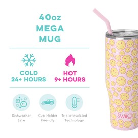 Swig Life 40oz Mega Mug, 40oz Tumbler with Handle and Straw, Extra Large Insulated Tumblers, Cup Holder Friendly Travel Mug (Oh Happy Day)