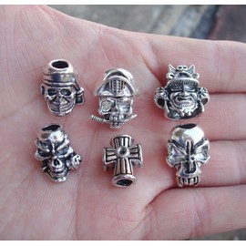 HAISDA - Cuentas de calavera para cordones EDC al aire libre, cuchillo/linterna/paracord/accesorios de joyería DIY, paquete de 6 (plata)