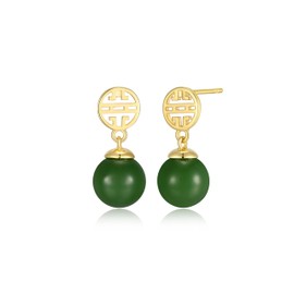ETERNAL JADE 925 Sterling Silver 14K Gold Plated Genuine Green Jade Stud Earrings for Women, Longevity Symbol Jade Elegance Lucky Fortune St Patrick's Day Earrings, Comfortable and Secure Fit Jewelry