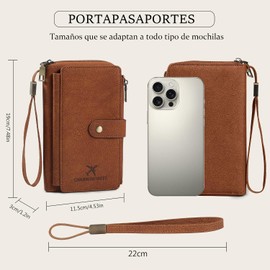 Porta Pasaporte con Bloqueo RFID, Portapasaporte y Visa Impermeable, Porta Pasaporte de Cuero PU con Doble Cremallera, Funda Pasaporte con Porta Bolígrafo y Correa para Mujer y Hombre