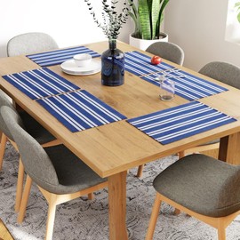 Encasa Ribbed Table Placemats (Set of 6) - Franca Blue Stripes | 48x33 cm | Over 20 Modern Colors & Woven Designs - Washable Cloth Place Mats