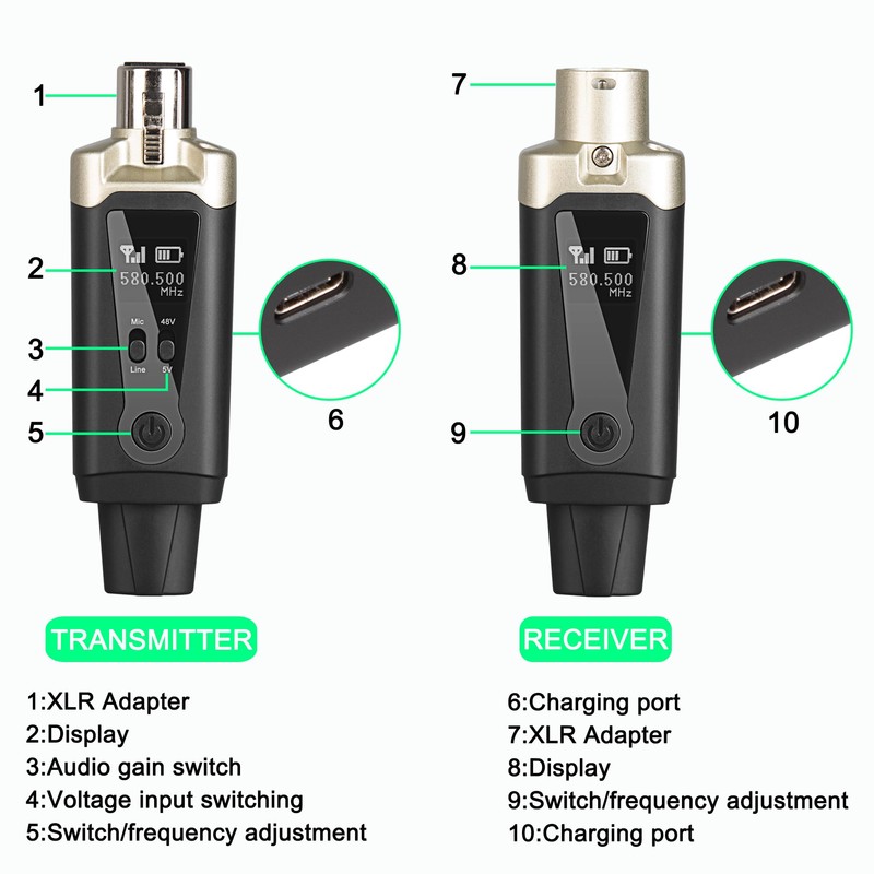 UHF Wireless XLR Transmitter and Receiver with 48V Phantom Power,Rechargeable