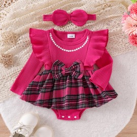 My First Christmas Baby Girl Outfit Newborn Velvet Ruffle Romper Dress Infant Bodysuit Cute Fall Winter Clothes (F Plaid Hot Pink,3-6 Months)
