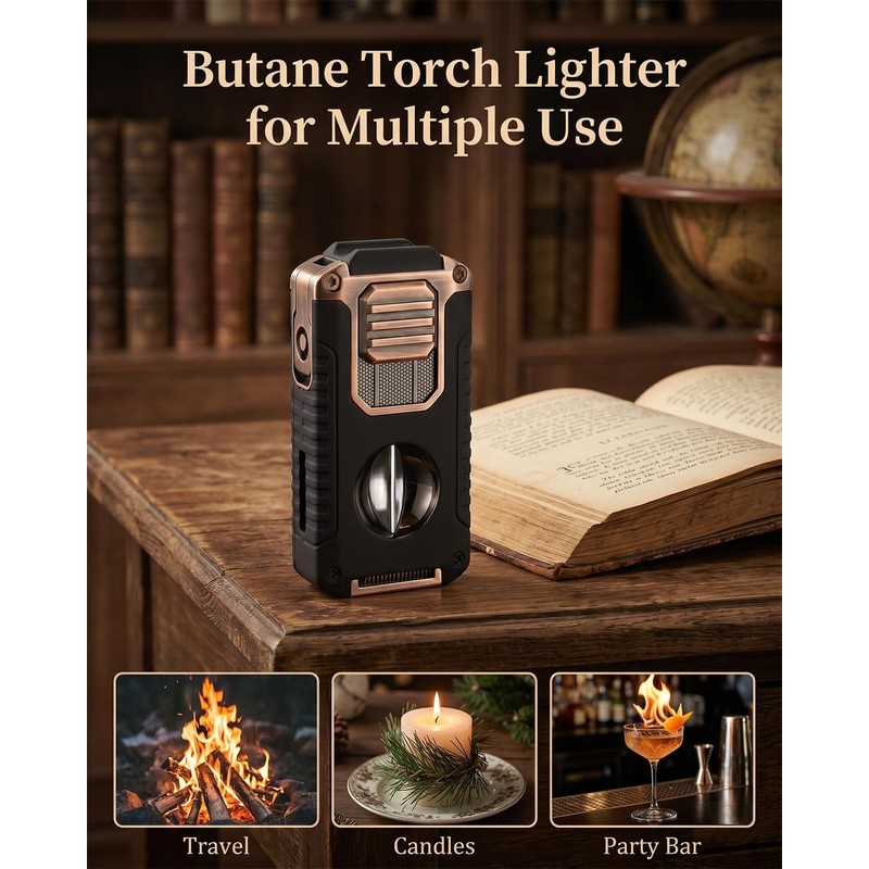 5-in-1 Butane Torch Lighter, with Built-in Punch, V Cutter, Draw