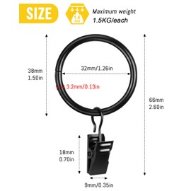 Caianwin Pack of 25 Curtain Rings Metal Curtain Rings with Clips 32 mm Inner Diameter Curtain Rings for Rod Window Door Shower Curtain Washing Line (Black)