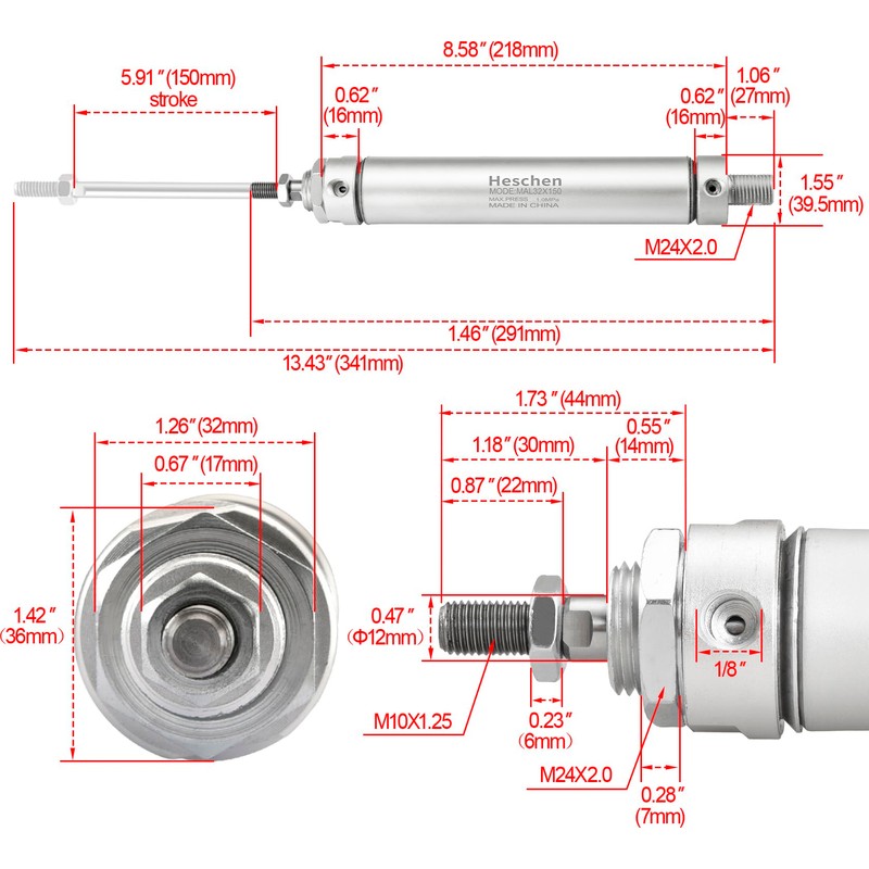 Heschen Pneumatic Slim Air Cylinder, MAL 32-150, PT1/8" Port, 32mm