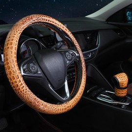 ToBeQueen 7 Pcs Vintage Western Steering Wheel Cover Set - Wood Grain Crocodile Steering Wheel Cover Universal Fit 15 in, Seat Belt Cover, Car Coaster, Shift Knob Cover, Car Start Rings, Brown