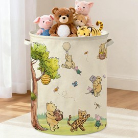 Oval Classic Winnie Bear Baby Laundry Basket Hamper for Nursery, Neutral Vintage Winnie Baby Stuff Waterproof Storage Basket Canvas Clothes Hamper