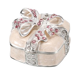 ELLDOO Mini Trinket Box, Bow-knot Gift Box Style Hinged Jewelry Box Vintage Metal Enameled Decorative Box Ring Earrings Jewelry Organizer Square Gift Box for Women Girls, Beige