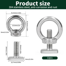 Pack of 12 Ring Nuts M10, 304 Stainless Steel Eye Bolt with 12 M10 × 30 mm Hammer Head Screws Rustproof Eye Bolt Eye Bolt for Trailer Rope Assembly Lifting Accessories