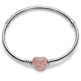 WAKCTFERG Charm Bracelet Fit For Charm beads, 925 Sterling Silver Cubic Zirconia Heart Clasp Snake Chain Bracelet Fit Any Charm Gift for Women Girl Suitable for people aged 12 to 80 (ZLL-11, 7.1in/18cm)