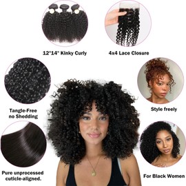ManeMajesty 12A Kinky curly human hair bundles 3 Pcs 12 Inch Bundle with 4x4 Lace Closure 100% Indian Vrigin Human Hair for Black Women Curly Extensions Natural Color