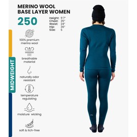 Merino.tech Merino Wool Base Layer Women Set - Midweight Merino Wool Underwear Women Top, Bottom (Deep Teal Green, Small)