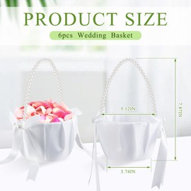 Geetery 6 Pieces Flower Girl Baskets for Weddings with Cute Pearl Handle White Bowknot Satin Flower Baskets for Wedding Ceremony (Exquisite Style)