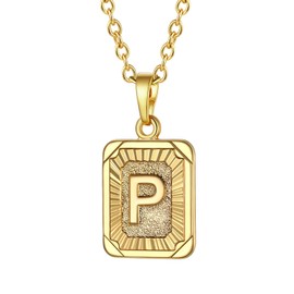 Focalook 26 letters A B C initial letters, pendant with 45 cm / 50 cm Rolo chain, hexagon/rectangle tag necklace for women, girls pendant loop, adjustable gold/ silver available for selection., p