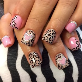 24Pcs Valentines Press on Nails Short Square Fake Nails with Cute Leopard Print Designs, Glue on Nails with Rhinestones, Full Cover Pink Acrylic Nails Valentines False Nails for Women