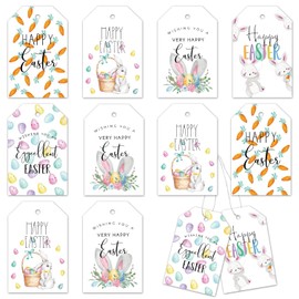 Whaline 100 etiquetas de regalo de Pascua con cuerda plateada de 32 pies, etiquetas de papel de Pascua de zanahoria, conejo, huevos de Pascua, etiquetas colgantes para vacaciones, etiquetas de nombre para Pascua, bricolaje, regalo, fiesta, decoración, 5 diseños