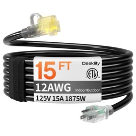 12AWG 15 FT Heavy Duty Outdoor Extension Cord Waterproof with Lighted End,Black 12 Gauge Extension Cord Flexible and Cold Resistant 3 Prong Grounded Plug,15Amp 1875W SJTW ETL Listed