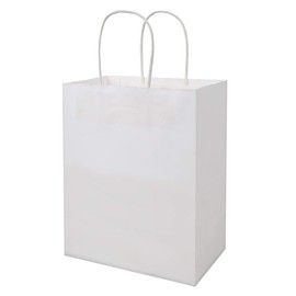 bagmad 50 Pack Sturdy Medium White Gift Paper Bags with Handles Bulk, Kraft Bags 8x4.75x10 Inch, Craft Grocery Shopping Retail Party Favors Wedding Business Sacks (White, 50pcs)
