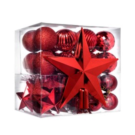 WeRChristmas 42-Piece Shatterproof Baubles Decoration Pack with Tree Topper & Garland - Red, Red