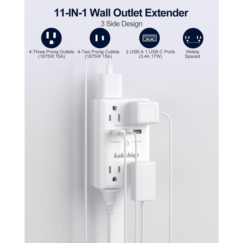kakahigh Wall Outlet Extender with Screw 8 Way Outlets with